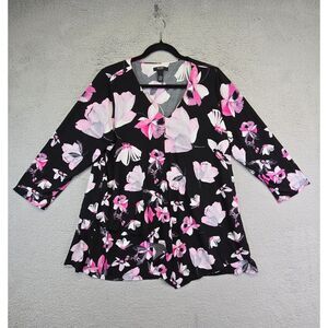 Alfani Floral Top Womens Plus‎ Size 1X Black V Neck Floral Whimsigoth Asymmetric